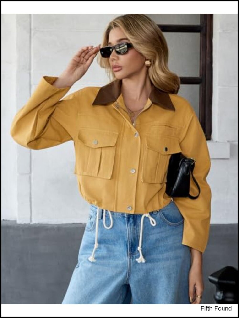 Cropped Cotton Utility Jacket with Contrast Collar Button Down Lightweight - Picture 6 of 6